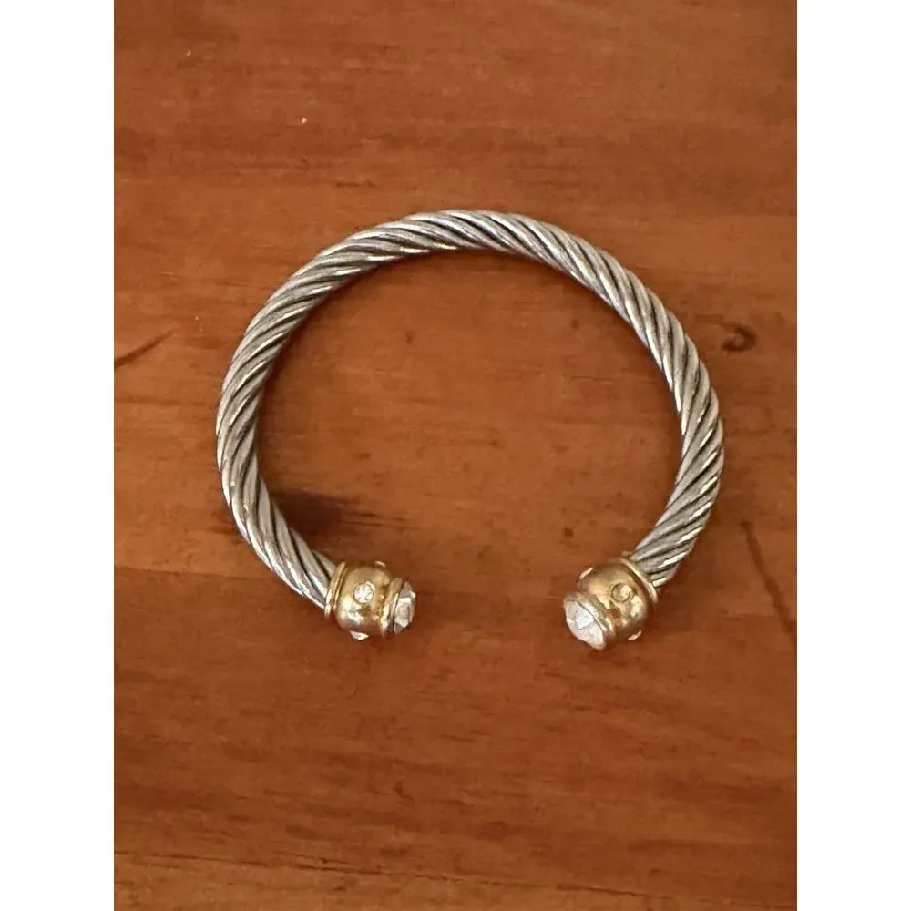 Retro Inspired Stylish Silver Rope Cuff Bracelet Gold Bar Ends Rhinestones